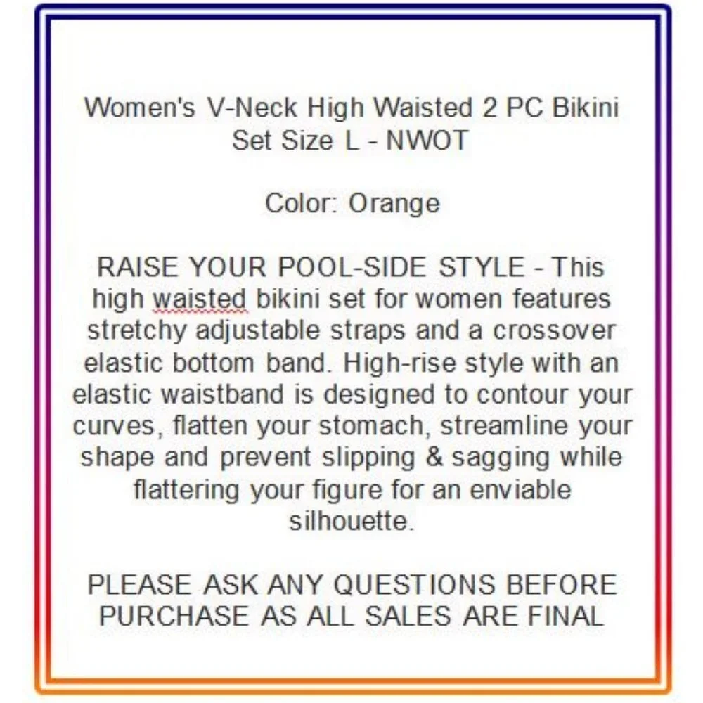 Women's V-Neck High Waisted 2 PC Bikini Set Size L - NWOT
